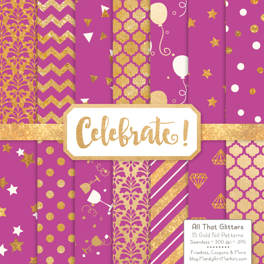 Fuchsia Celebrate Gold Digital Paper Set