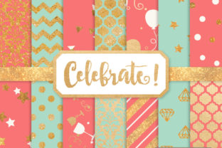 Mint Coral Celebrate Gold Digital Paper Set