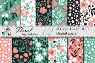 Seamless Floral Digital Paper - Gray Mint Coral